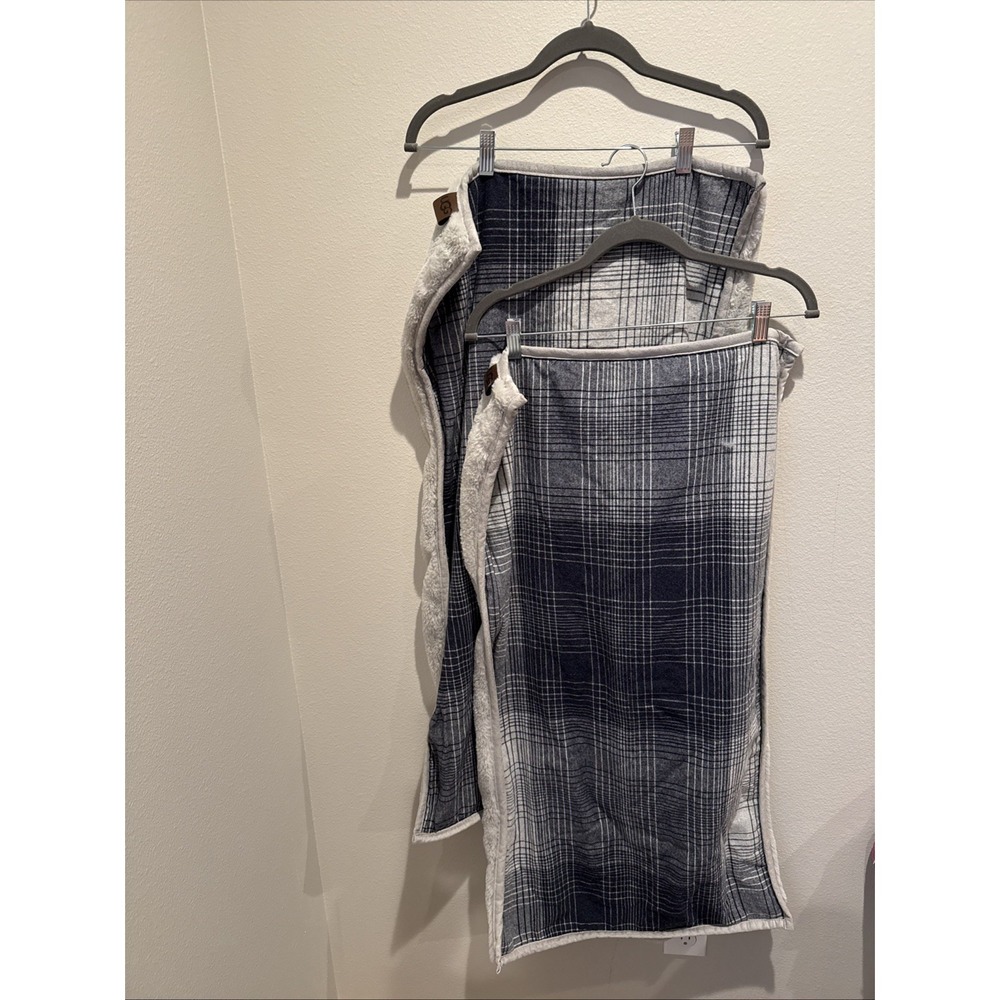 (2) Ugg Gray Fluffy Pillow Cases Size King Sherpa‎ Plaid Gray Navy Set